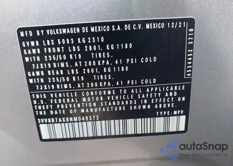 2022 Volkswagen Tiguan 2.0T Se R-Line Black z USA, uszkodzony, nr VIN 3VV8B7AX8NM049373